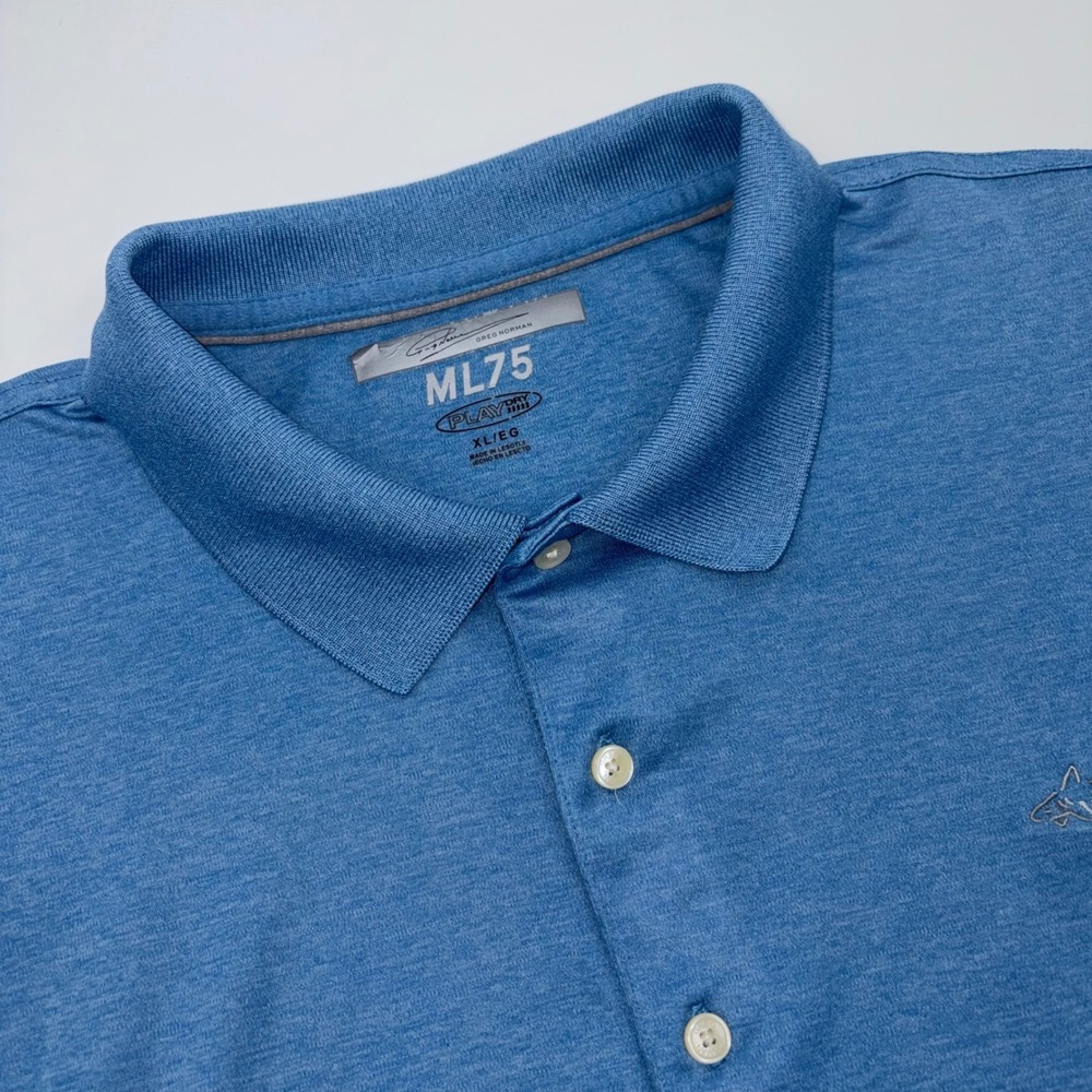 Greg Norman ML75 Play Dry Polo Shirt Mens XL Blue Heathered Golf Shark Logo